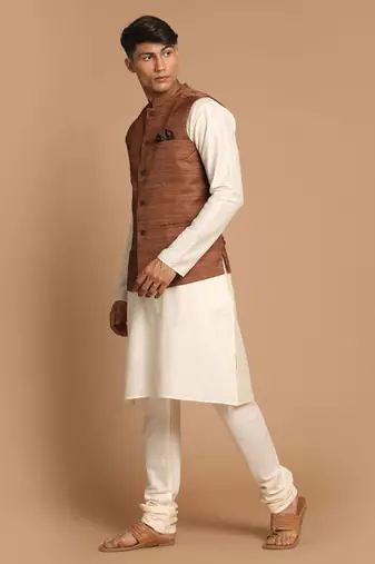 Cream And Brown Viscose Jacket, Kurta And Pyjama Set
