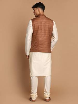 Cream And Brown Viscose Jacket, Kurta And Pyjama Set 3