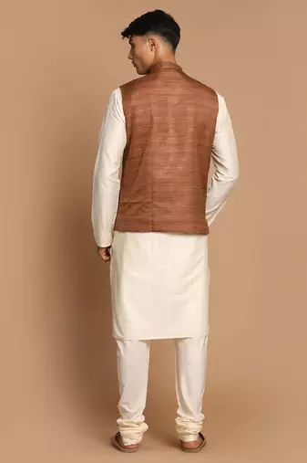 Cream And Brown Viscose Jacket, Kurta And Pyjama Set