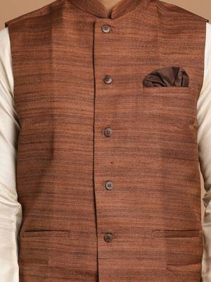 Cream And Brown Viscose Jacket, Kurta And Pyjama Set 4