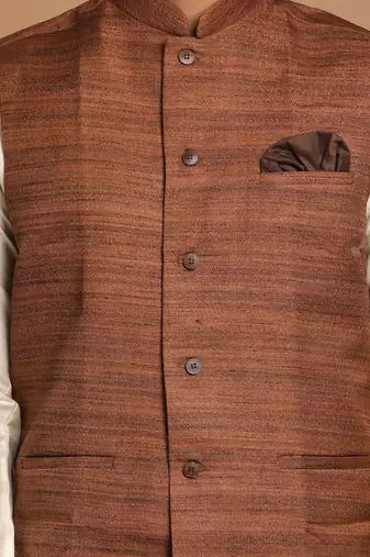 Cream And Brown Viscose Jacket, Kurta And Pyjama Set