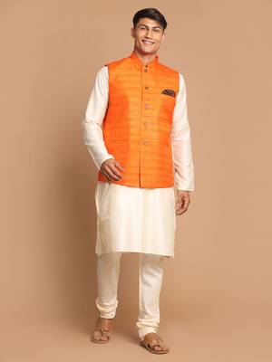 Orange And Cream Viscose Jacket, Kurta And Pyjama Set 1