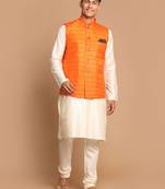 Orange And Cream Viscose Jacket, Kurta And Pyjama Set