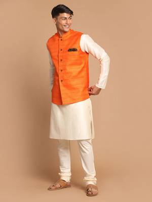 Orange And Cream Viscose Jacket, Kurta And Pyjama Set 2