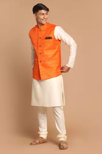 Orange And Cream Viscose Jacket, Kurta And Pyjama Set