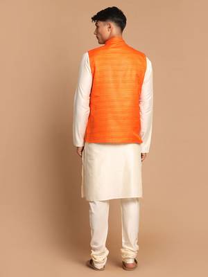 Orange And Cream Viscose Jacket, Kurta And Pyjama Set 3