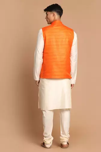 Orange And Cream Viscose Jacket, Kurta And Pyjama Set