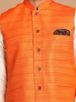 Orange And Cream Viscose Jacket, Kurta And Pyjama Set 4