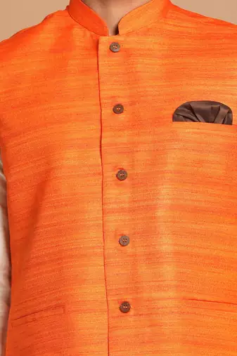 Orange And Cream Viscose Jacket, Kurta And Pyjama Set