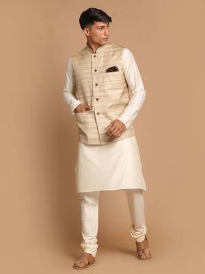 Beige And Cream Viscose Jacket, Kurta And Pyjama Set 1