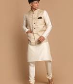Beige And Cream Viscose Jacket, Kurta And Pyjama Set