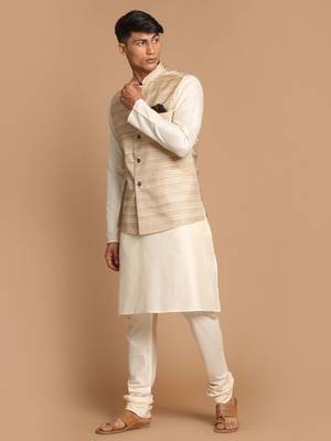 Beige And Cream Viscose Jacket, Kurta And Pyjama Set 2