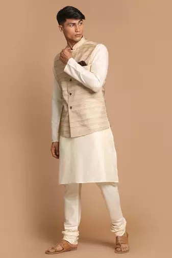 Beige And Cream Viscose Jacket, Kurta And Pyjama Set