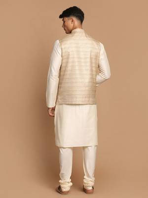 Beige And Cream Viscose Jacket, Kurta And Pyjama Set 3