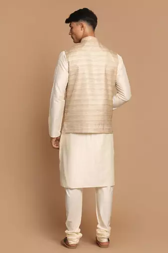 Beige And Cream Viscose Jacket, Kurta And Pyjama Set