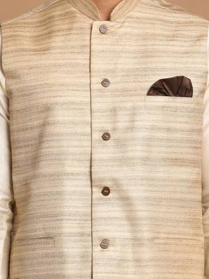 Beige And Cream Viscose Jacket, Kurta And Pyjama Set 4