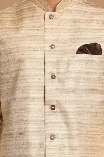 Beige And Cream Viscose Jacket, Kurta And Pyjama Set