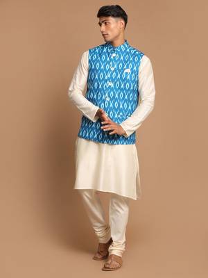 Turquoise And Cream Viscose Jacket, Kurta And Pyjama Set 1