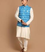 Turquoise And Cream Viscose Jacket, Kurta And Pyjama Set