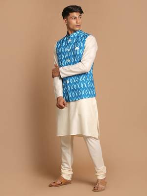 Turquoise And Cream Viscose Jacket, Kurta And Pyjama Set 2