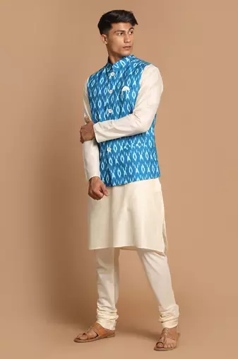Turquoise And Cream Viscose Jacket, Kurta And Pyjama Set
