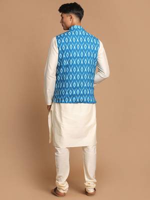 Turquoise And Cream Viscose Jacket, Kurta And Pyjama Set 3