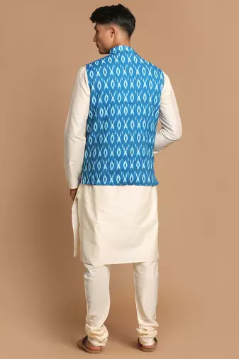 Turquoise And Cream Viscose Jacket, Kurta And Pyjama Set