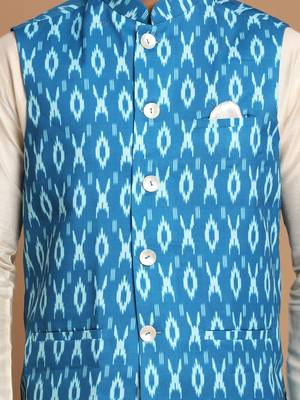 Turquoise And Cream Viscose Jacket, Kurta And Pyjama Set 4