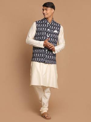 Black And Cream Viscose Jacket, Kurta And Pyjama Set 1