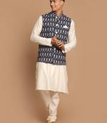 Black And Cream Viscose Jacket, Kurta And Pyjama Set