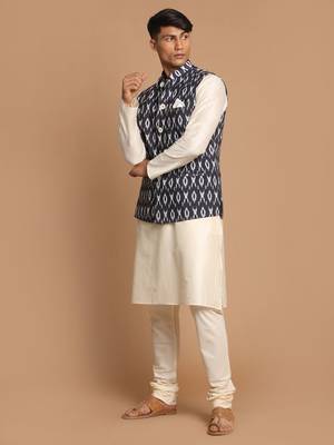 Black And Cream Viscose Jacket, Kurta And Pyjama Set 2