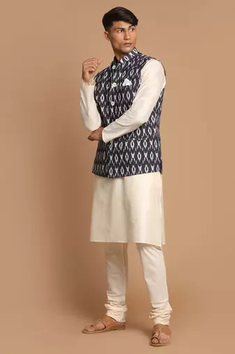 Black And Cream Viscose Jacket, Kurta And Pyjama Set