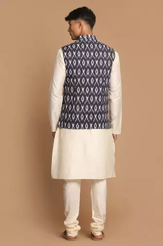 Black And Cream Viscose Jacket, Kurta And Pyjama Set