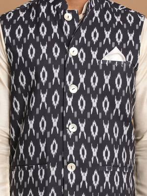Black And Cream Viscose Jacket, Kurta And Pyjama Set 4