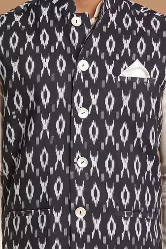 Black And Cream Viscose Jacket, Kurta And Pyjama Set