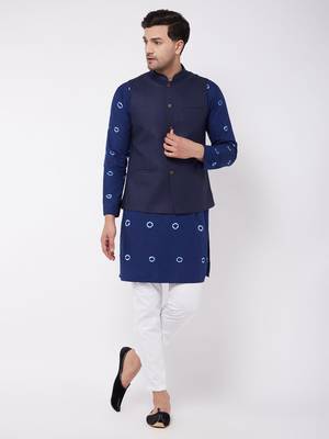 Blue And White Pure Cotton Jacket, Kurta And Pyjama Set 1