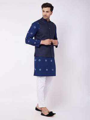Blue And White Pure Cotton Jacket, Kurta And Pyjama Set 2