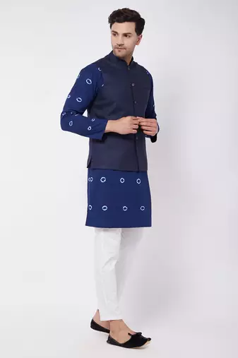 Blue And White Pure Cotton Jacket, Kurta And Pyjama Set