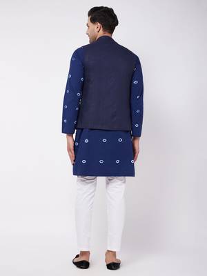 Blue And White Pure Cotton Jacket, Kurta And Pyjama Set 3