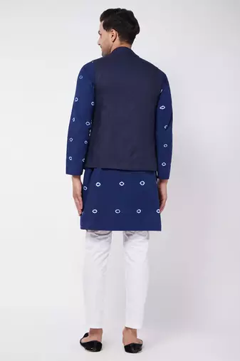 Blue And White Pure Cotton Jacket, Kurta And Pyjama Set
