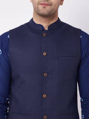 Blue And White Pure Cotton Jacket, Kurta And Pyjama Set 4