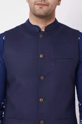 Blue And White Pure Cotton Jacket, Kurta And Pyjama Set