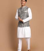 Green And White Pure Cotton Jacket, Kurta And Pyjama Set