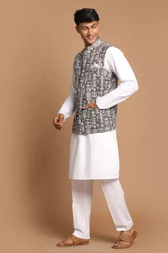 Green And White Pure Cotton Jacket, Kurta And Pyjama Set