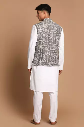 Green And White Pure Cotton Jacket, Kurta And Pyjama Set