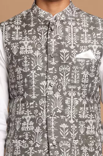 Green And White Pure Cotton Jacket, Kurta And Pyjama Set