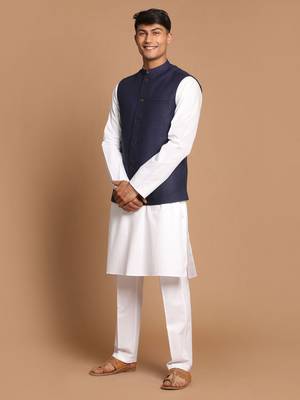 Navy Blue And White Pure Cotton Jacket, Kurta And Pyjama Set 2