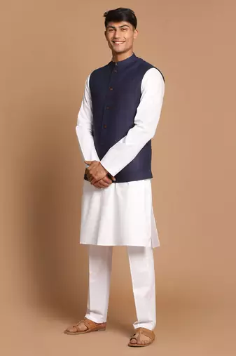 Navy Blue And White Pure Cotton Jacket, Kurta And Pyjama Set