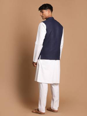 Navy Blue And White Pure Cotton Jacket, Kurta And Pyjama Set 3