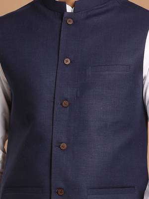 Navy Blue And White Pure Cotton Jacket, Kurta And Pyjama Set 4